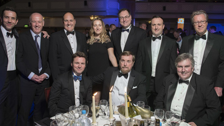 Members of the Peavey Commercial Audio team and colleagues at the AV Awards. Pictured L-R: Stuart Hillis, Julian Young, Brian Cleary, Roland Hemming, Rachel Hastings, Hartley Peavey, Shayne Thomas, James Kennedy, Kevin Ivey and Mark Coombes