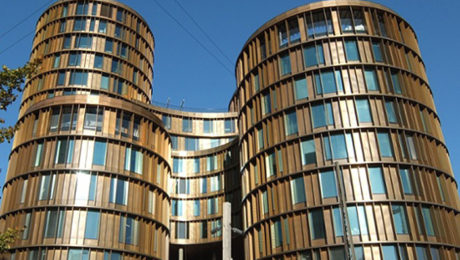 Axel Towers, adorned with 240 tons of brass sheets, is a new focal point of the Copenhagen skyline.