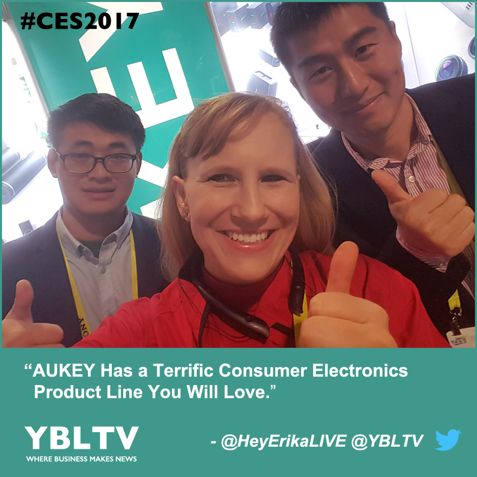 AUKEY's Account Manager, Eli Liu, Sales Manager, David Wu with YBLTV Anchor, Erika Blackwell at CES 2017.