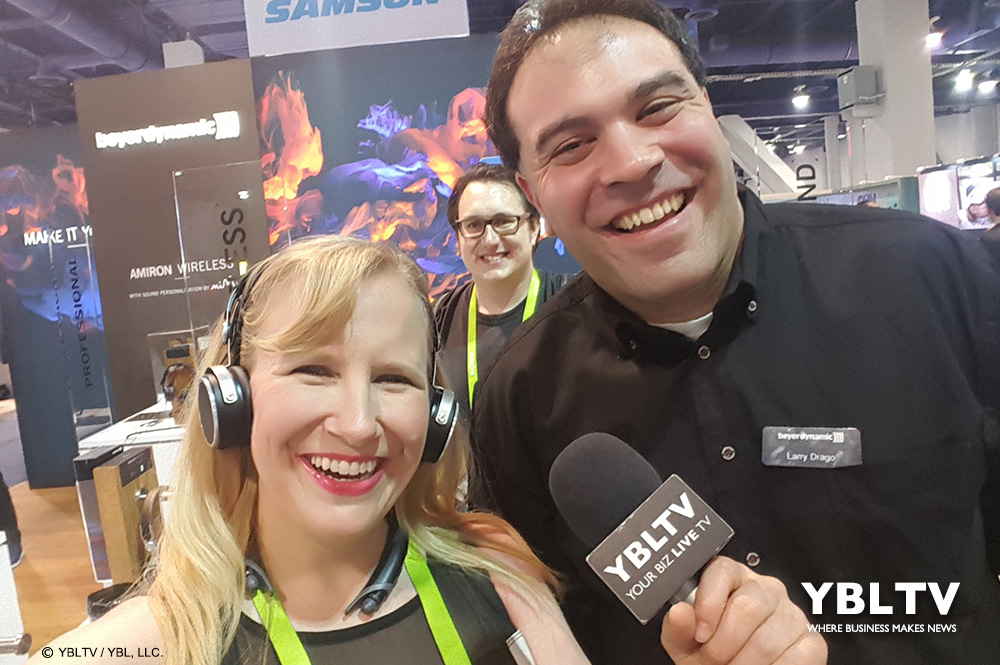 beyerdynamic Marketing Manager, Larry Drago and YBLTV Multimedia Producer & Anchor, Erika Blackwell at the 2018 CES Show, Las Vegas, NV.